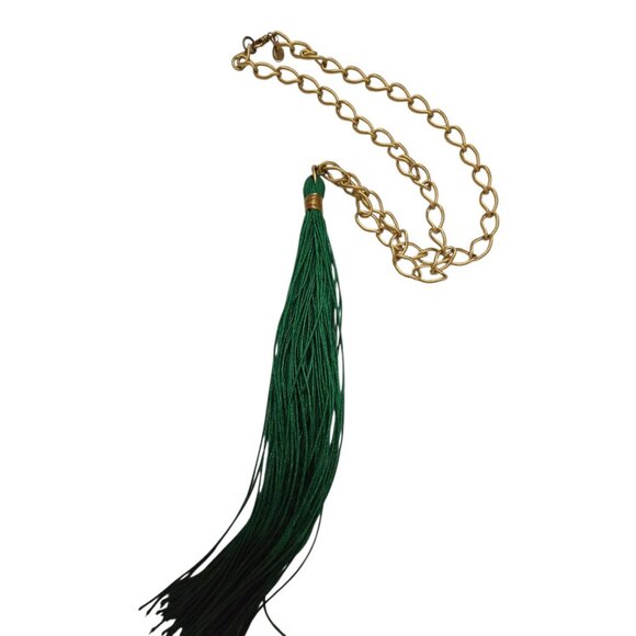 Vintage Signed Bee Charming NOS Green Silk Cord Huge Tassel Link Chain Necklace - Picture 2 of 4